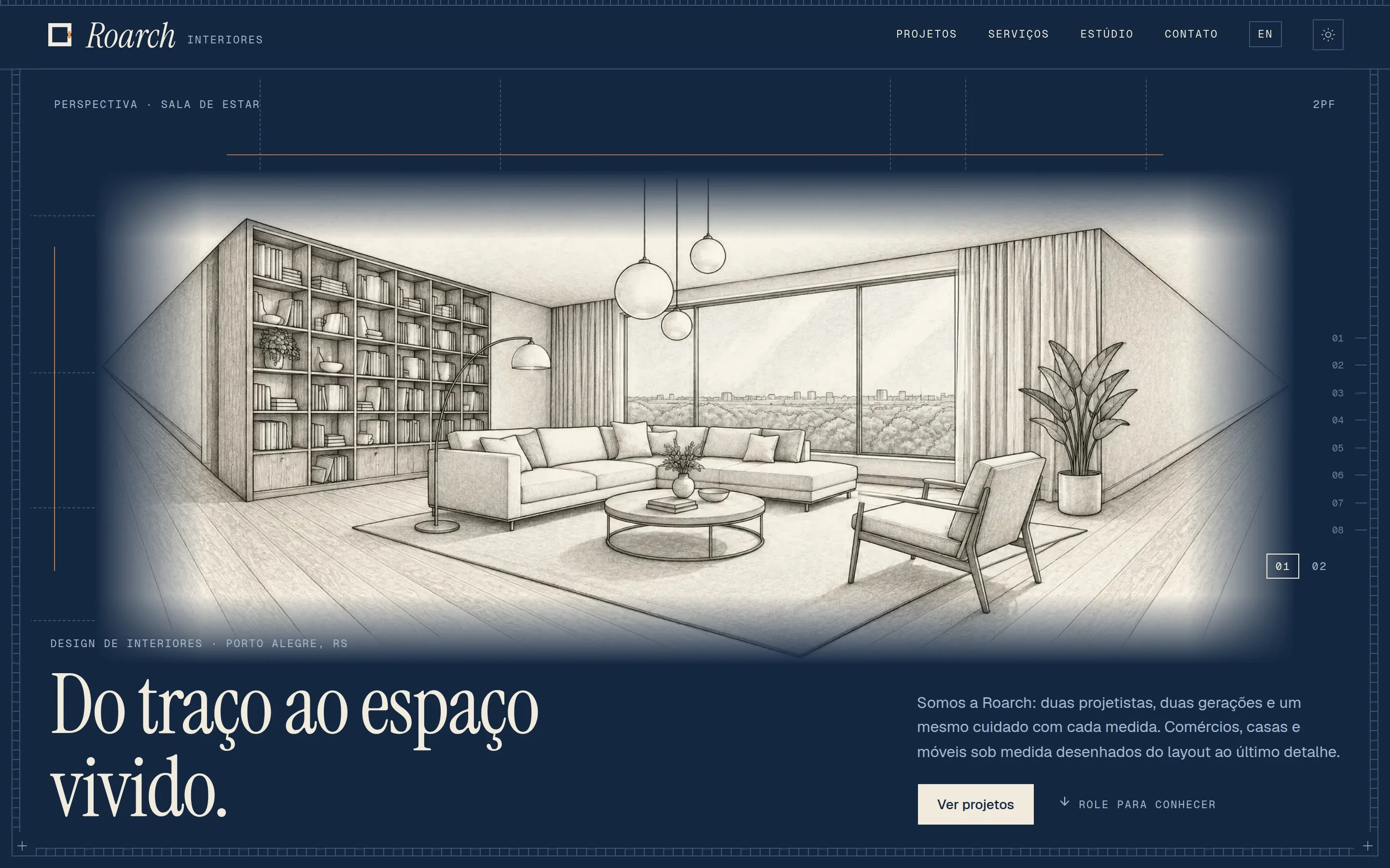 Página inicial da Roarch no tema blueprint, com fundo azul e traço claro