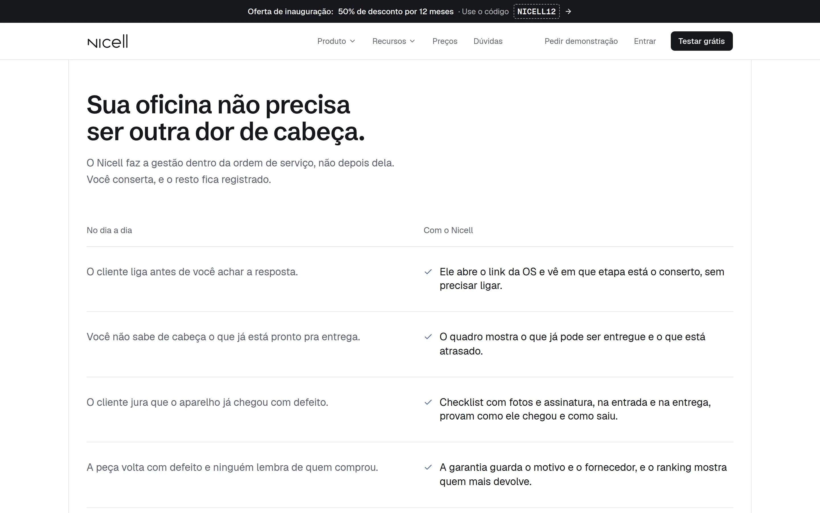 Seção do site comparando o dia a dia sem sistema com o dia a dia usando o Nicell