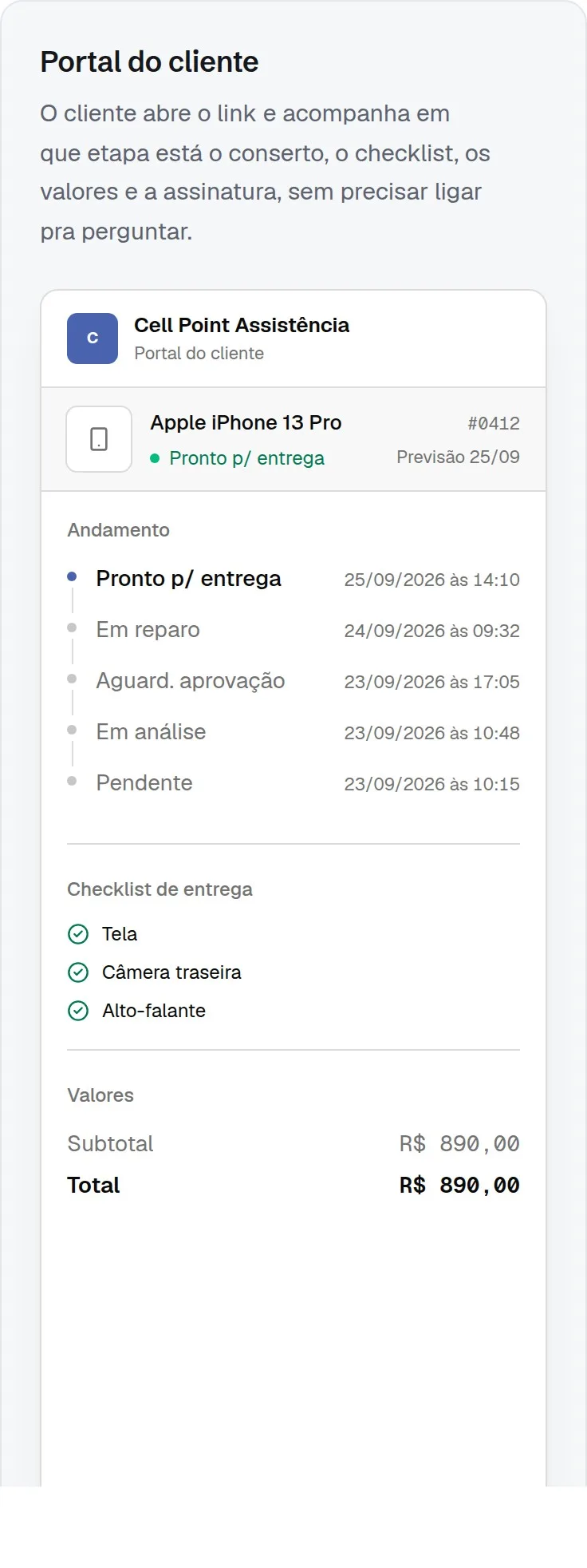 Portal do cliente com o andamento da ordem de serviço