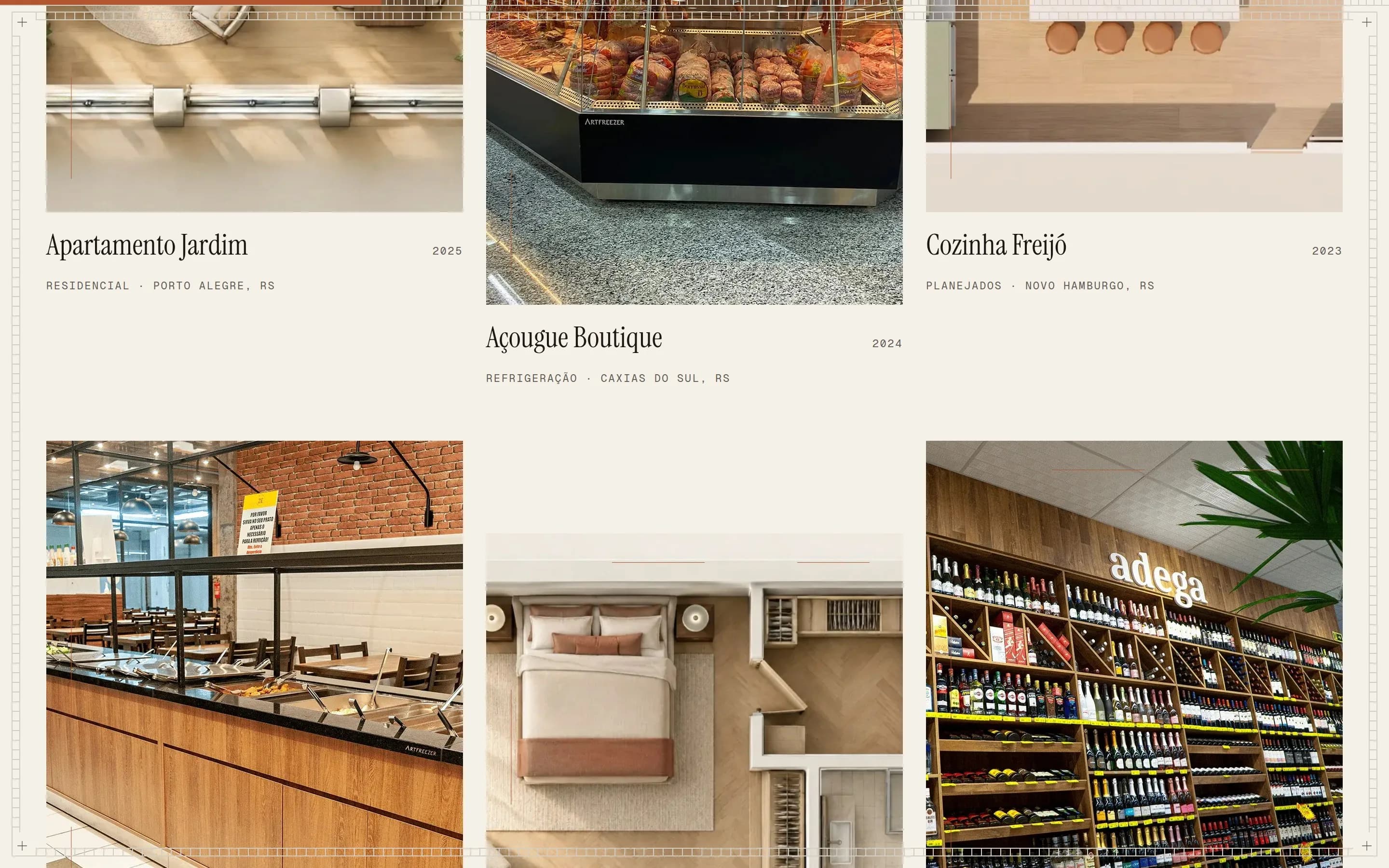 Índice de projetos com fotos de apartamentos, açougues, cozinhas e adegas